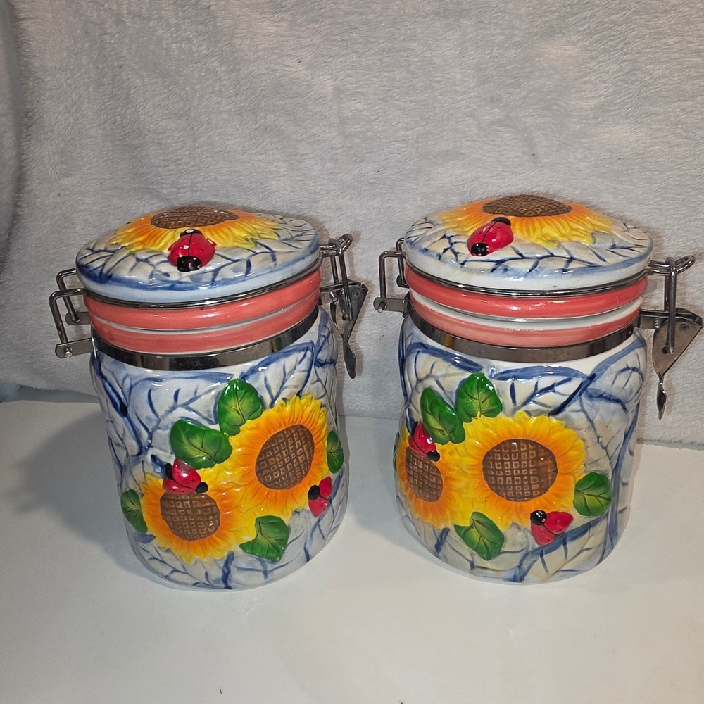 WCL Sunflower Ladybug Ceramic Canister Set of 2 Farmhouse Kitchen Jars